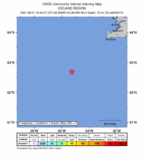 USGS DYFI community-reported intensity map for the M5.2 earthquake near 190 km SW of Grindavík, Iceland