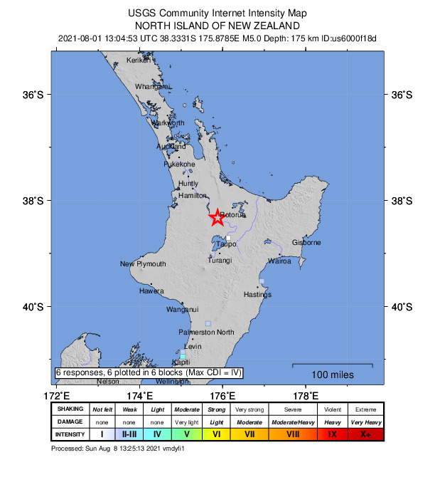 USGS DYFI community-reported intensity map for the M5.0 earthquake near 11 km S of Tokoroa, New Zealand