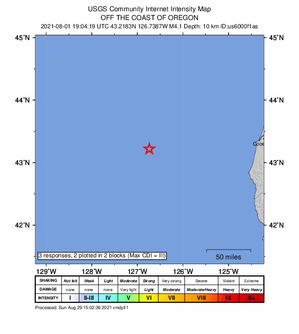 USGS DYFI community-reported intensity map for the M4.1 earthquake near 189 km W of Langlois, Oregon