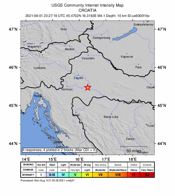 USGS DYFI community-reported intensity map for the M4.1 earthquake near 4 km NNE of Petrinja, Croatia