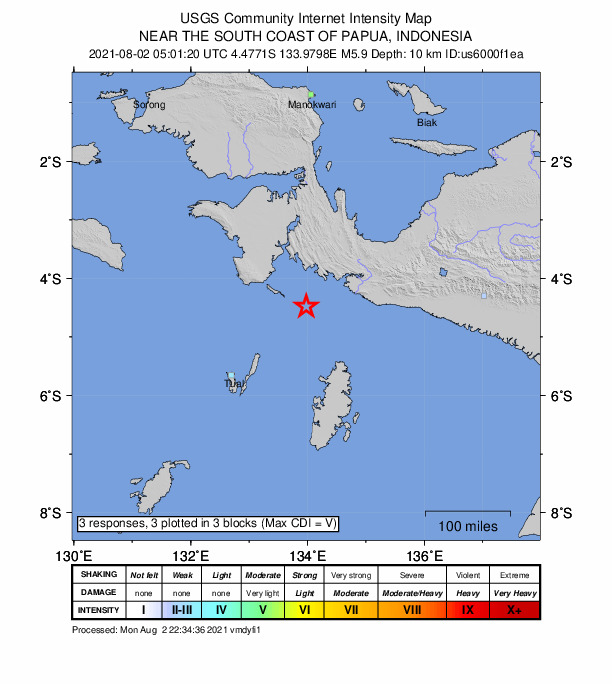 USGS DYFI community-reported intensity map for the M6.0 earthquake near 182 km NE of Tual, Indonesia