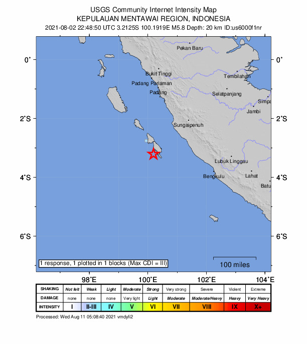USGS DYFI community-reported intensity map for the M5.8 earthquake near 184 km SW of Sungai Penuh, Indonesia