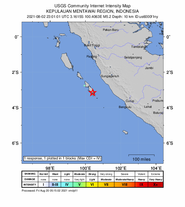 USGS DYFI community-reported intensity map for the M5.2 earthquake near 164 km SW of Sungai Penuh, Indonesia