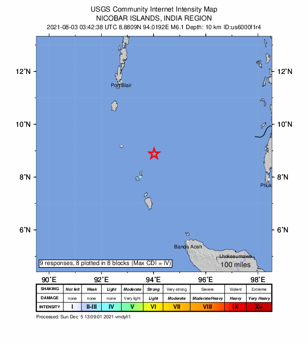 USGS DYFI community-reported intensity map for the M6.1 earthquake near Nicobar Islands, India region
