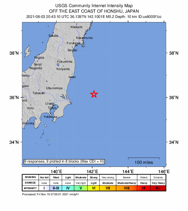 USGS DYFI community-reported intensity map for the M5.2 earthquake near off the east coast of Honshu, Japan