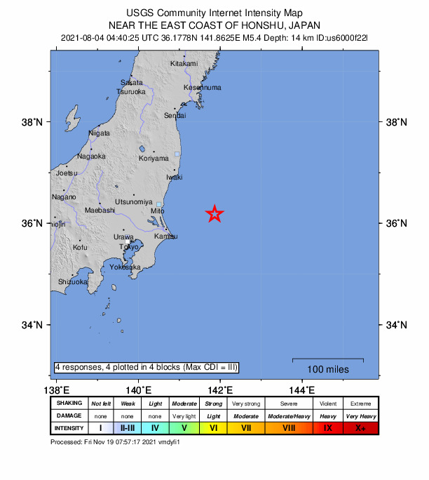 USGS DYFI community-reported intensity map for the M5.4 earthquake near 105 km ENE of Hasaki, Japan