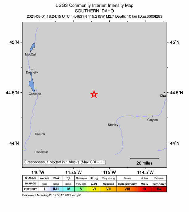 USGS DYFI community-reported intensity map for the M2.7 earthquake near 36 km NW of Stanley, Idaho