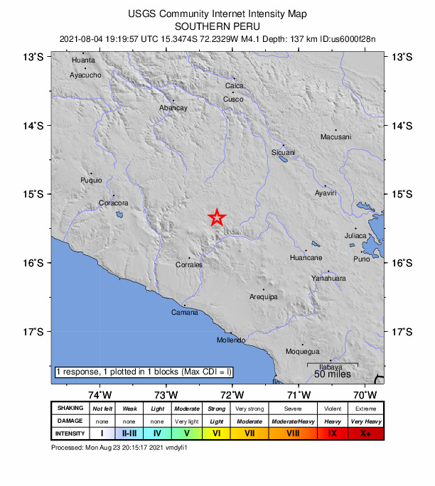 USGS DYFI community-reported intensity map for the M4.1 earthquake near 14 km SE of Orcopampa, Peru