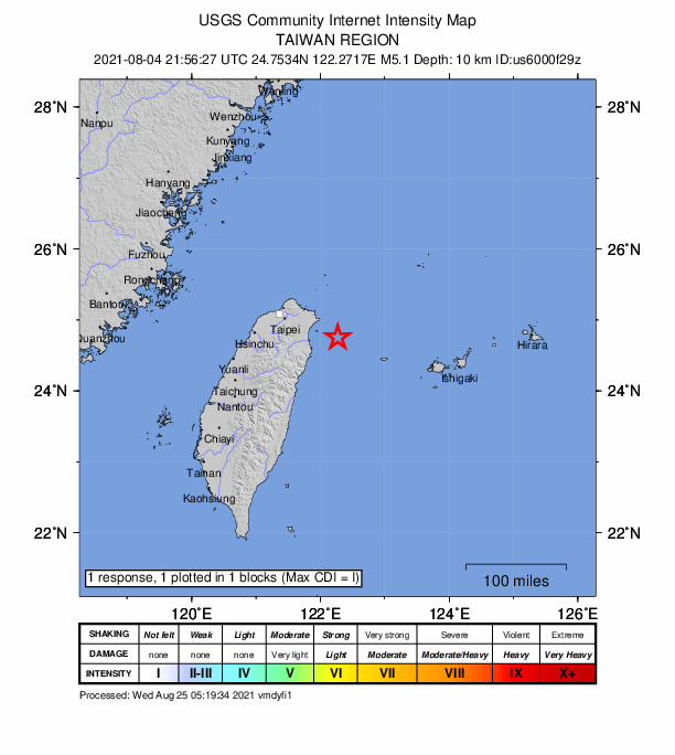 USGS DYFI community-reported intensity map for the M5.1 earthquake near 52 km E of Yilan, Taiwan