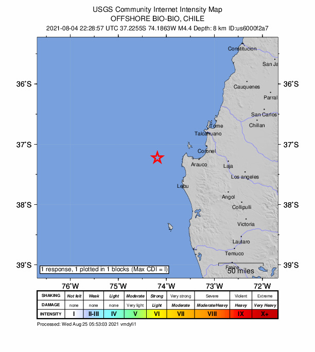 USGS DYFI community-reported intensity map for the M4.4 earthquake near 63 km NW of Lebu, Chile