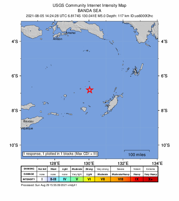 USGS DYFI community-reported intensity map for the M5.0 earthquake near Banda Sea