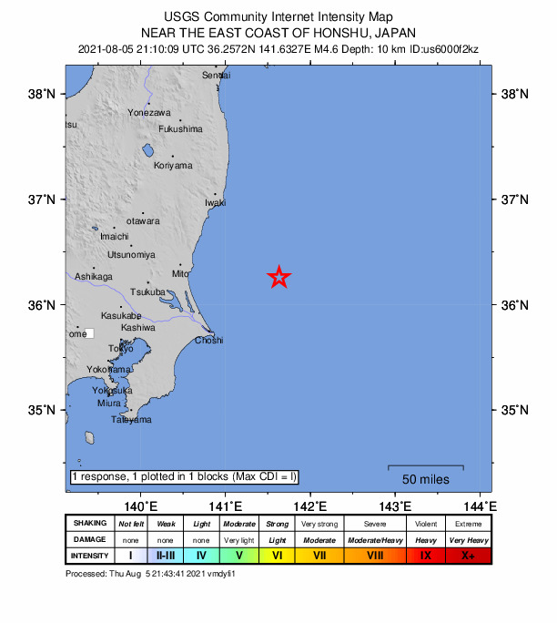 USGS DYFI community-reported intensity map for the M4.5 earthquake near 90 km NE of Hasaki, Japan