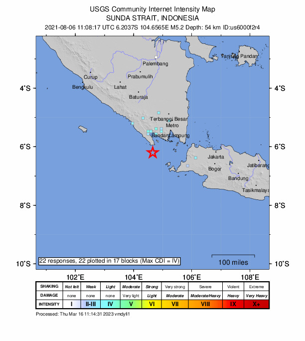 USGS DYFI community-reported intensity map for the M5.2 earthquake near 108 km SW of Bandar Lampung, Indonesia