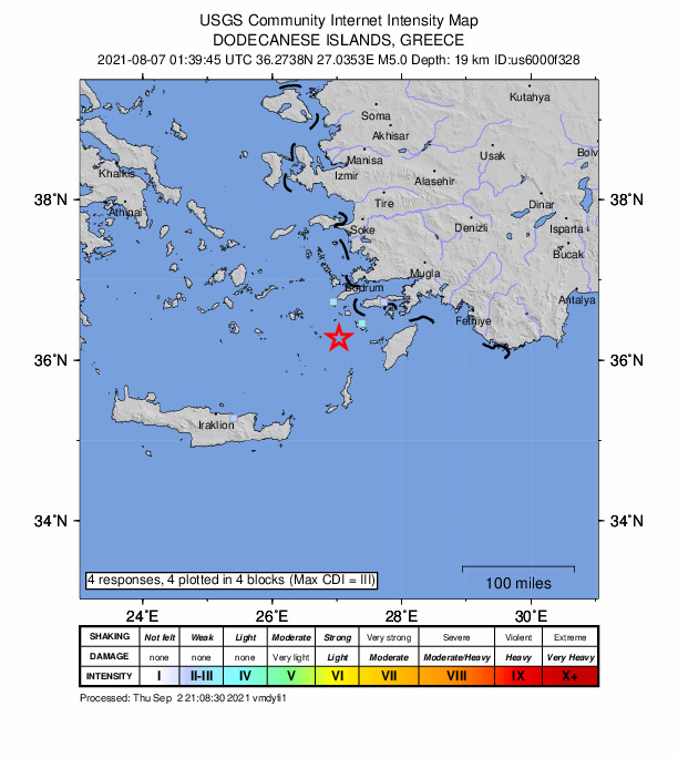 USGS DYFI community-reported intensity map for the M5.0 earthquake near 38 km SSW of Mandráki, Greece