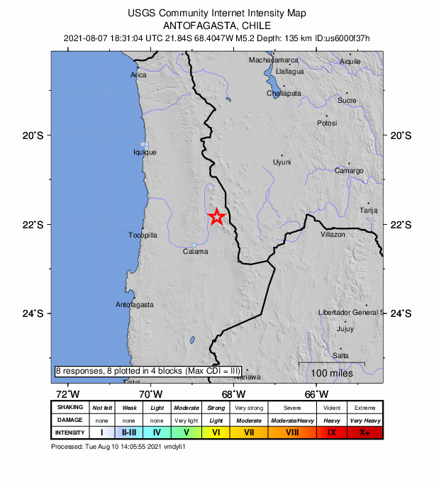 USGS DYFI community-reported intensity map for the M5.2 earthquake near 87 km NE of Calama, Chile