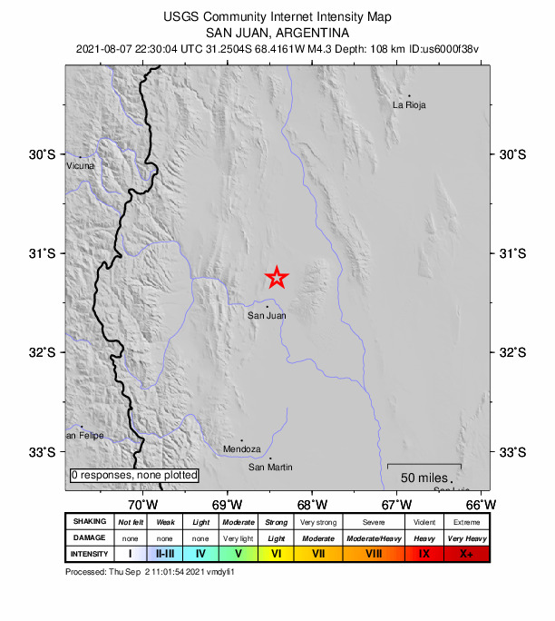 USGS DYFI community-reported intensity map for the M4.3 earthquake near 21 km NNE of San Martín, Argentina