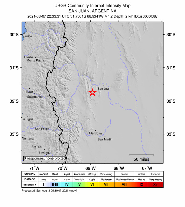 USGS DYFI community-reported intensity map for the M4.3 earthquake near 23 km WSW of Pocito, Argentina