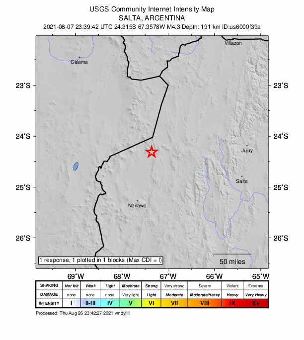 USGS DYFI community-reported intensity map for the M4.3 earthquake near 106 km W of San Antonio de los Cobres, Argentina