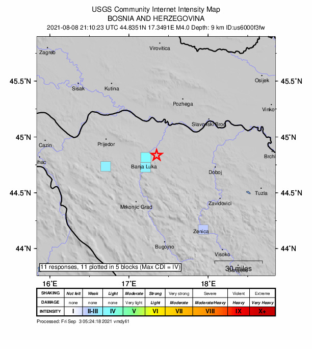 USGS DYFI community-reported intensity map for the M4.0 earthquake near 8 km SSE of Laktaši, Bosnia and Herzegovina