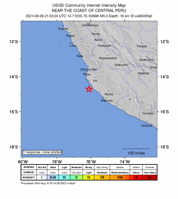 USGS DYFI community-reported intensity map for the M5.0 earthquake near 72 km SW of Santiago, Peru