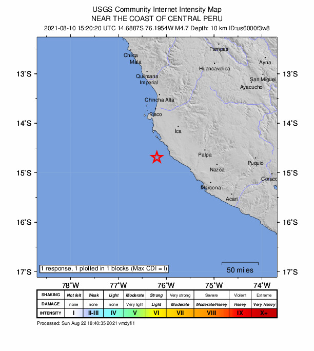 USGS DYFI community-reported intensity map for the M4.7 earthquake near 76 km SW of Santiago, Peru
