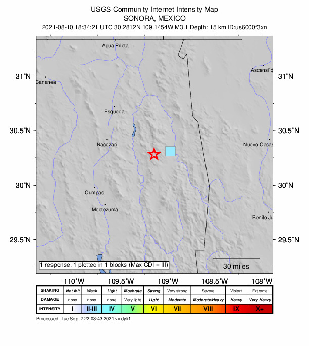 USGS DYFI community-reported intensity map for the M3.1 earthquake near 19 km WNW of Huachinera, Mexico