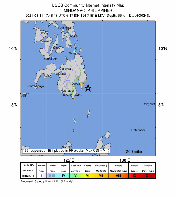 USGS DYFI community-reported intensity map for the M7.1 earthquake near 60 km ENE of Pondaguitan, Philippines