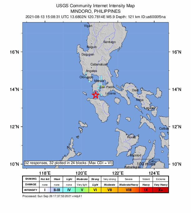 USGS DYFI community-reported intensity map for the M5.9 earthquake near 10 km WNW of Tingloy, Philippines