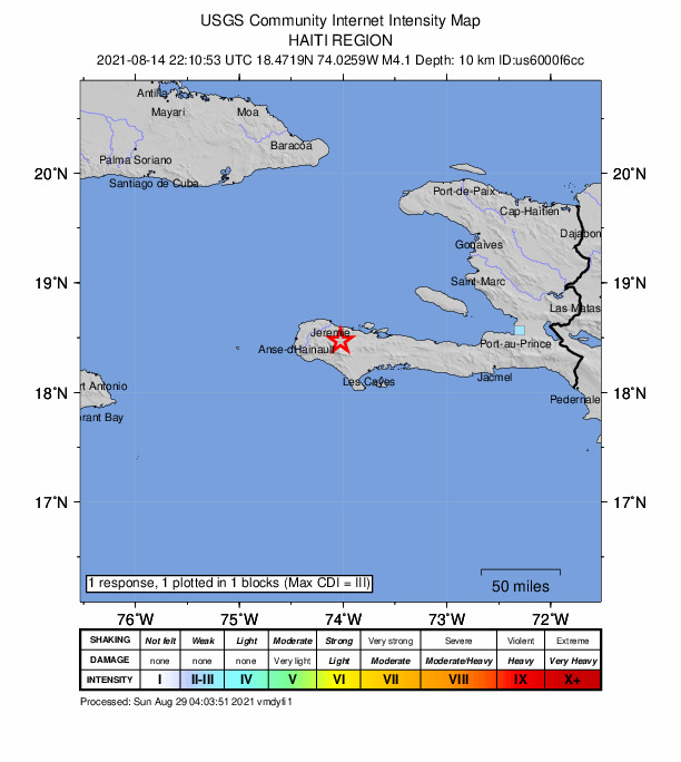 USGS DYFI community-reported intensity map for the M4.1 earthquake near 19 km SW of Corail, Haiti