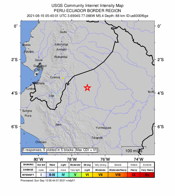 USGS DYFI community-reported intensity map for the M5.4 earthquake near 72 km WSW of Alianza Cristiana, Peru