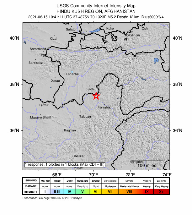 USGS DYFI community-reported intensity map for the M5.2 earthquake near 40 km ESE of Chubek, Tajikistan