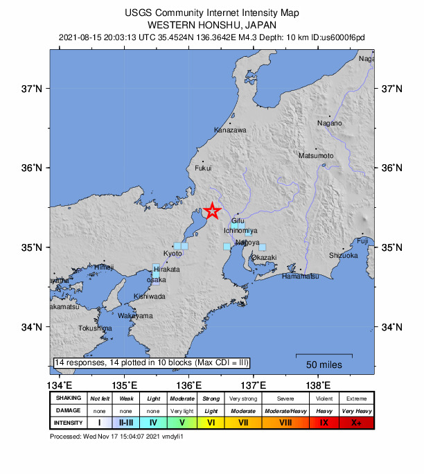 USGS DYFI community-reported intensity map for the M4.3 earthquake near 11 km NE of Nagahama, Japan