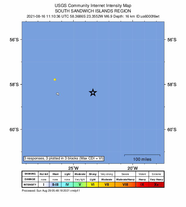 USGS DYFI community-reported intensity map for the M6.9 earthquake near South Sandwich Islands region