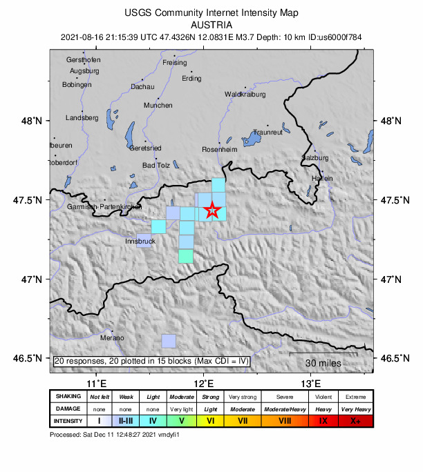 USGS DYFI community-reported intensity map for the M3.7 earthquake near 1 km S of Niederau, Austria
