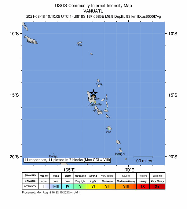 USGS DYFI community-reported intensity map for the M6.9 earthquake near 17 km N of Port-Olry, Vanuatu