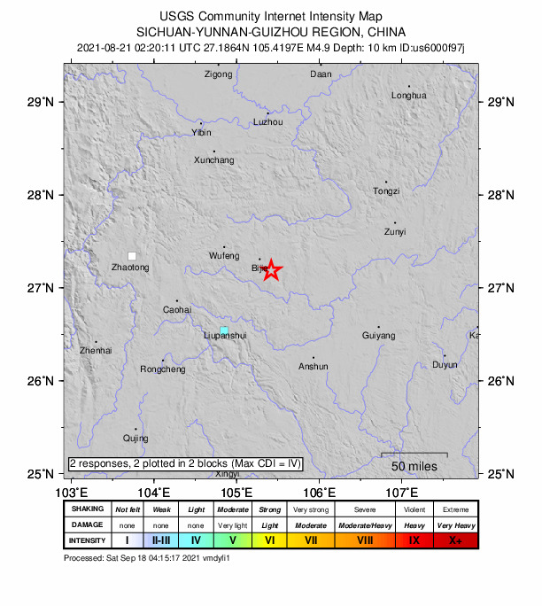 USGS DYFI community-reported intensity map for the M4.9 earthquake near 18 km SE of Bijie, China