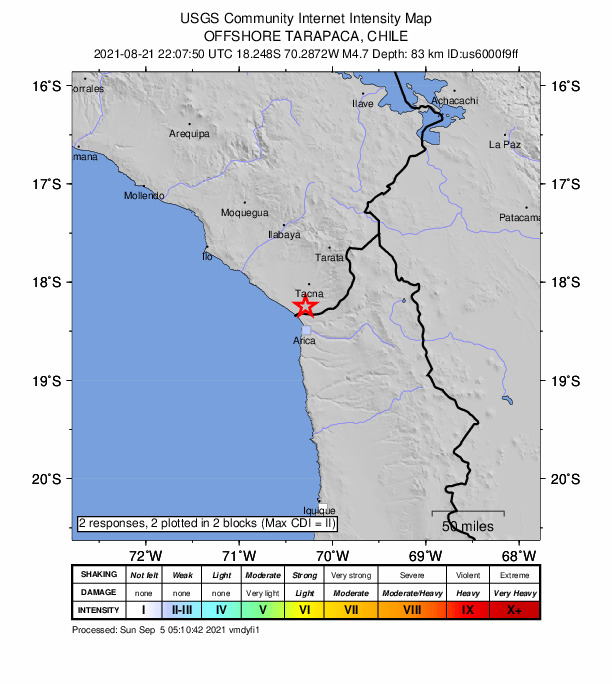 USGS DYFI community-reported intensity map for the M4.7 earthquake near 25 km N of Arica, Chile