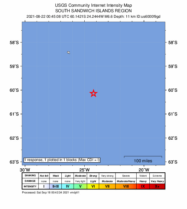 USGS DYFI community-reported intensity map for the M6.6 earthquake near South Sandwich Islands region