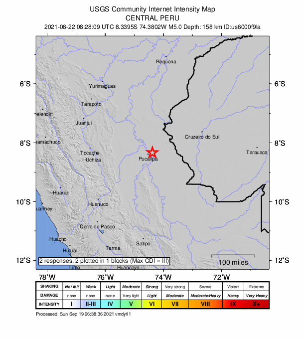 USGS DYFI community-reported intensity map for the M5.0 earthquake near 18 km ENE of San Fernando, Peru