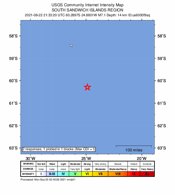 USGS DYFI community-reported intensity map for the M7.1 earthquake near South Sandwich Islands region