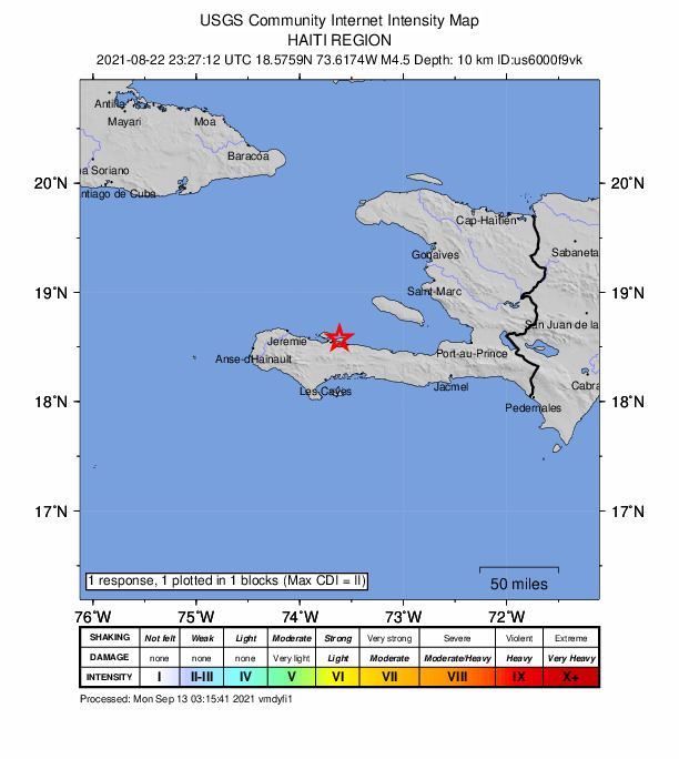 USGS DYFI community-reported intensity map for the M4.5 earthquake near 10 km NNE of Baradères, Haiti