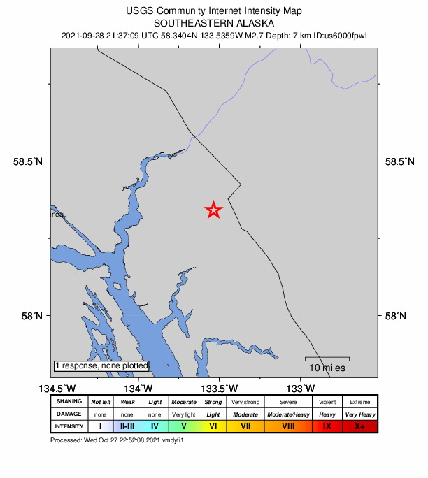 USGS DYFI community-reported intensity map for the M2.7 earthquake near 52 km E of Juneau, Alaska
