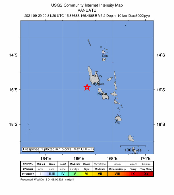 USGS DYFI community-reported intensity map for the M4.8 earthquake near 83 km WSW of Luganville, Vanuatu