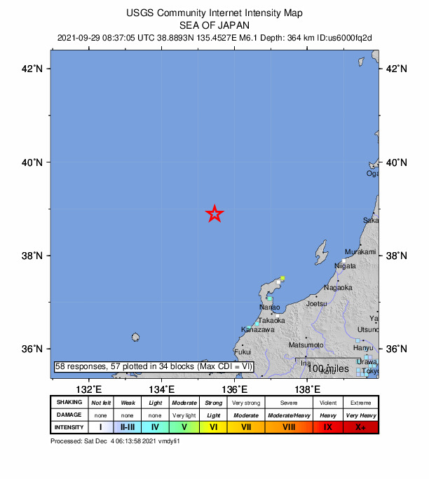 USGS DYFI community-reported intensity map for the M6.1 earthquake near 243 km NNW of Nanao, Japan