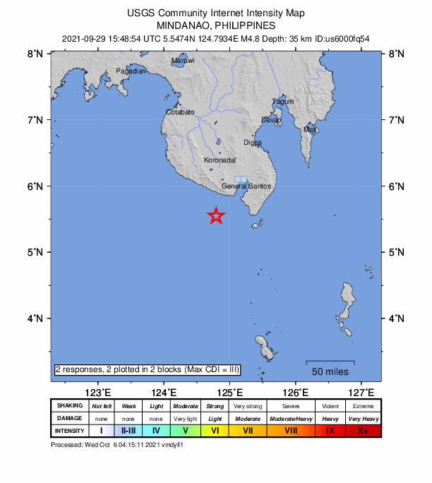 USGS DYFI community-reported intensity map for the M4.8 earthquake near 37 km SSW of Lumatil, Philippines