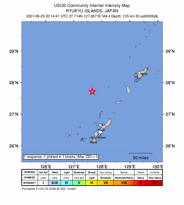 USGS DYFI community-reported intensity map for the M4.4 earthquake near 126 km NNW of Nago, Japan