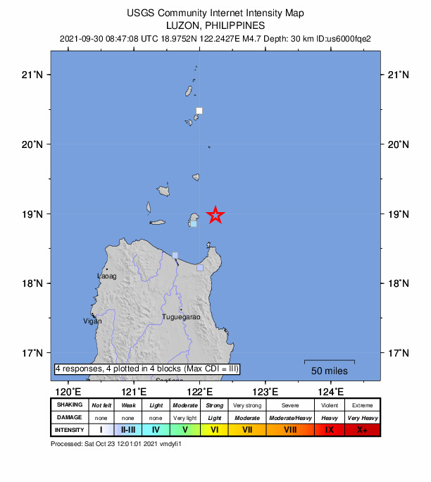 USGS DYFI community-reported intensity map for the M4.7 earthquake near 52 km N of San Vicente, Philippines