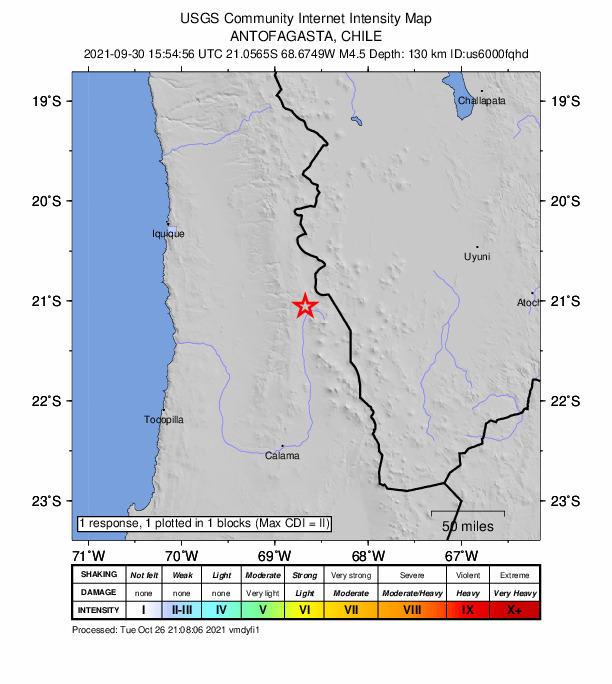 USGS DYFI community-reported intensity map for the M4.5 earthquake near 157 km N of Calama, Chile