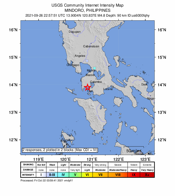 USGS DYFI community-reported intensity map for the M4.8 earthquake near 1 km SSW of Sinisian, Philippines