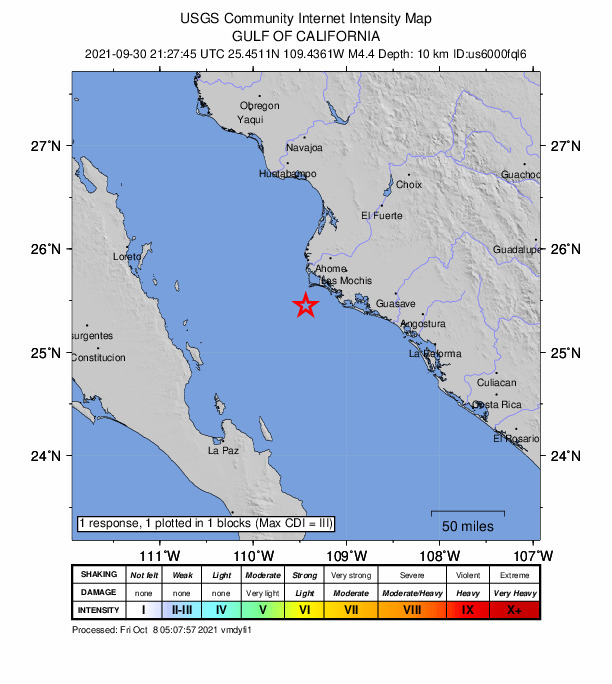 USGS DYFI community-reported intensity map for the M4.4 earthquake near 36 km SSW of Campo Pesquero el Colorado, Mexico